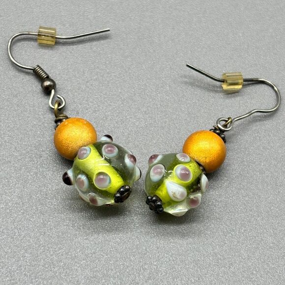 Lampwork Art Glass Earrings Yellow Green Purple Polka Dot Handmade Dangle Drop - Picture 1 of 7